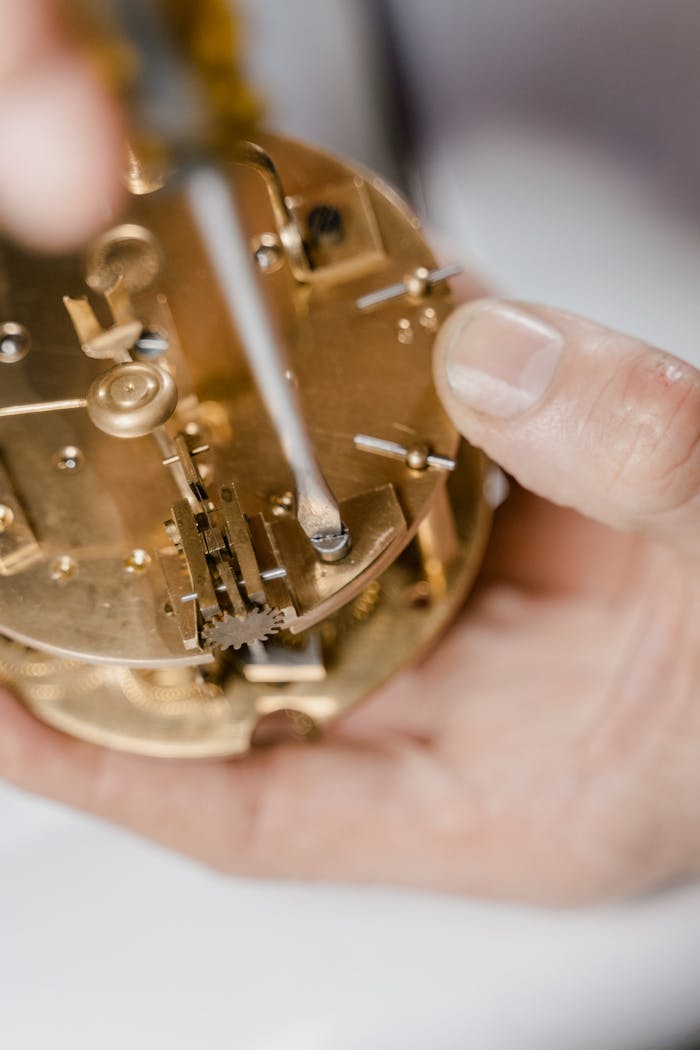 creative Intricate view of a watchmaker working skillfully on a clock mechanism.